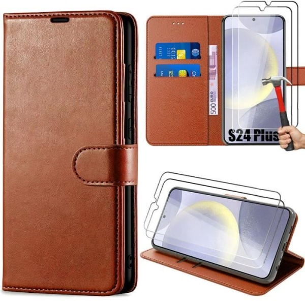 Coque Rabat - Samsung - Galaxy S24 Plus - Syntetisk Læder Brun - 2 Stykker Hærdet Glas - Semi-stiv kastanj