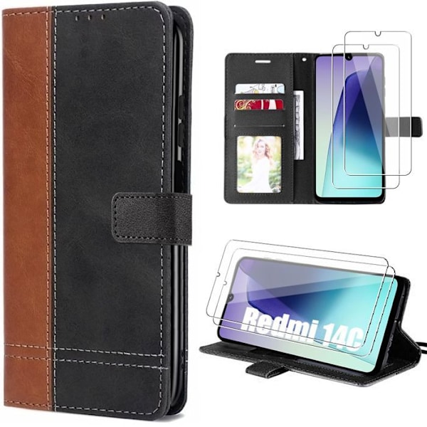 Coque + 2 Glas Tåget til Xiaomi Redmi 14C, Anti-Rids Beskyttelse i To-Farvet Læder Effekt Brun/Sort Brun svart