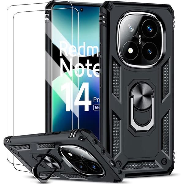 Coque - E.F.CONNECTION - För Xiaomi Redmi Note 14 Pro Plus 5G - Stötresistent - Med ring - 2 härdade glas Svart