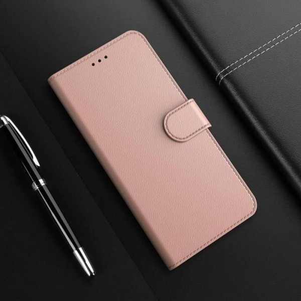 Heltäckande fodral till Xiaomi Redmi Note 12 - Rosa lädereffektskydd med bordsstativ