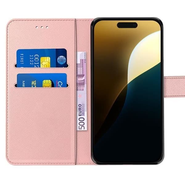 Coque - E.F.CONNECTION - för iPhone 16 Pro Max - Syntetiskt läder - Fleksibel - Fack för kort Rosa