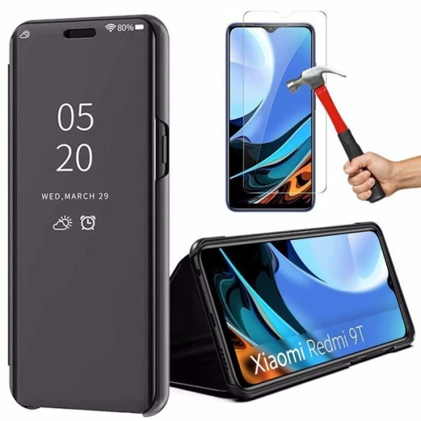 Fodral för Redmi 9T(6,39") med spegeleffekt av härdat glas Genomskinligt fönster Högpresterande förstärkt skydd Svart svart