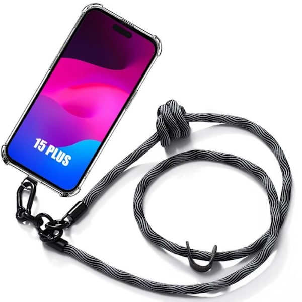 Crossbody-fodral till iPhone 15 Plus - Transparent stötsäkert skydd med grå axelrem