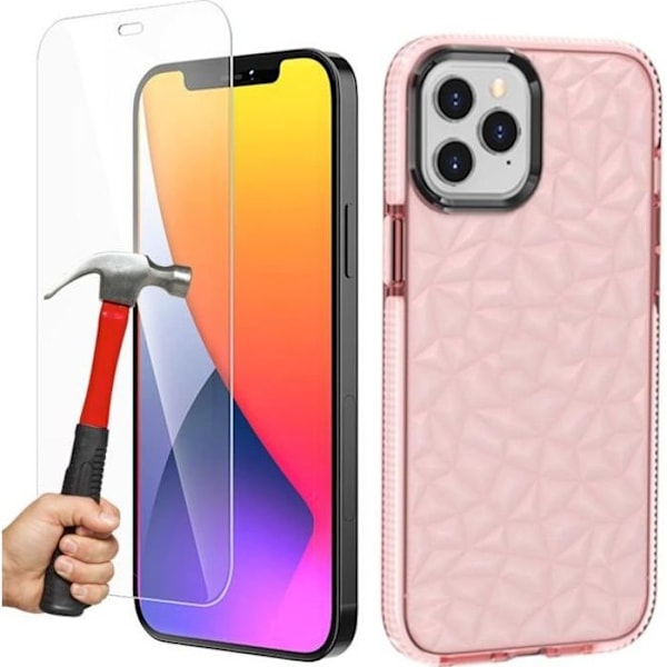 Coque Silikone + Skærmbeskyttelse til iPhone 12 Pro Max - E.F.CONNECTION - Diamant 3D Mønster - Rosa - Hærdet Glas Rosa