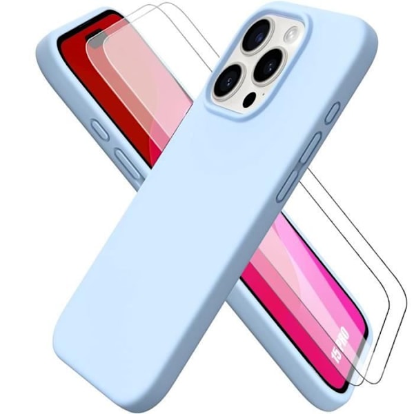 iPhone 15 Pro-fodral - MÄRKE - Flytande Silikon - Ljusblå - 2 Härdat Glas - Effektivt Skydd Himmelsblå