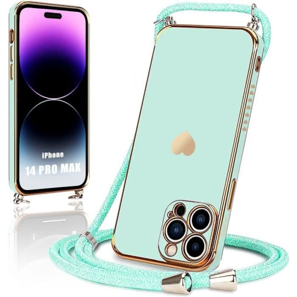 Cord Halsbandsfodral för iPhone 14 Pro Max Turkos Mjuk TPU Galvaniserat Guld Stötsäkert hjärtmönster Turkos