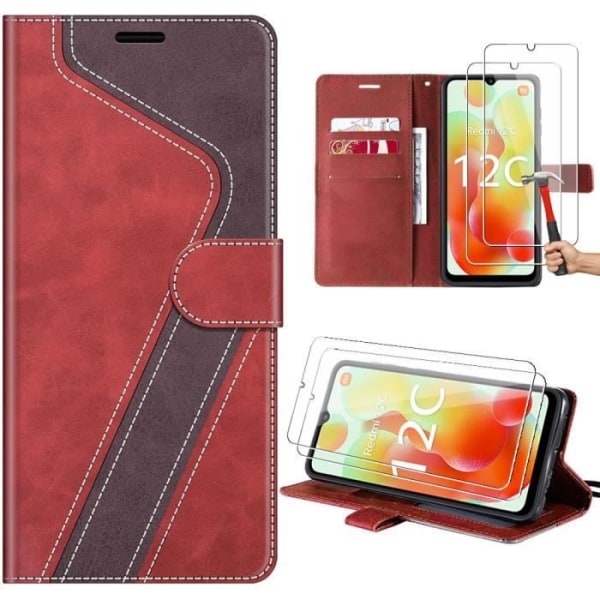 Coque + 2 Tåede Glas - Xiaomi - Redmi 12C/11A - Rød - Syntetisk Læder - Bicolor Beskyttelse Rödbrun
