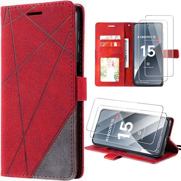 Cover med 2 Tempererede Glas til Xiaomi 15, Anti-Ridse Beskyttelse 360 Grad Stødabsorberende PU Læder Tegnebog - Rød Röd