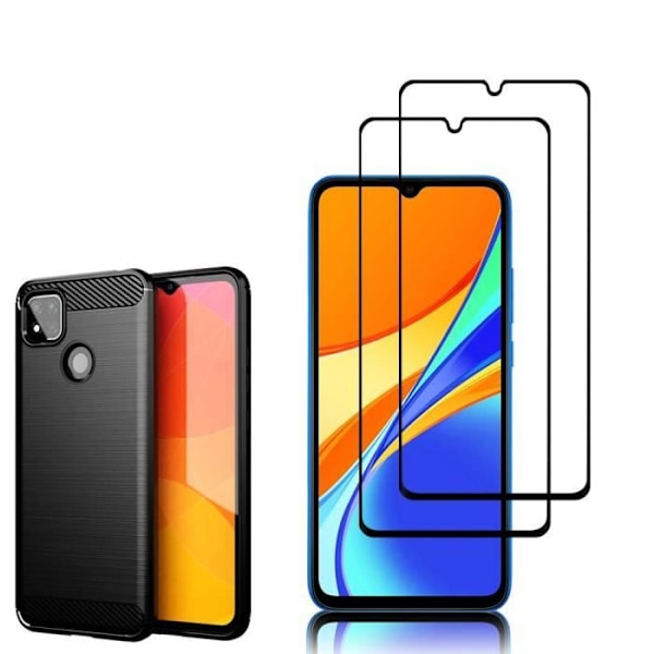 För Xiaomi Redmi 9C/ 9C NFC/ Redmi 9 (Indien) 6,53": Mjukt silikonfodral i kolfiber + 2x färghärdat glasfilmer - NOI SVART