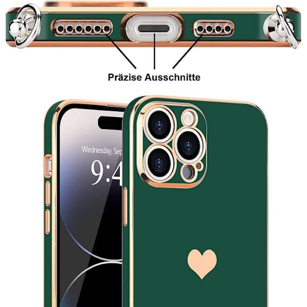 Lanyardfodral för iPhone 14 Pro Midnight Green Stötsäkert hjärtmönster Anti-Scratch Ultra Slim Lättvikt Nattgrönt