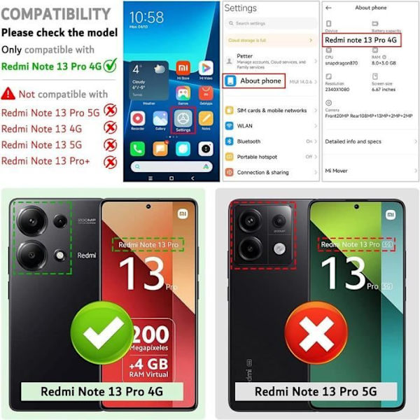 Fodral och 2 härdade glasögon för Xiaomi Redmi Note 13 Pro 4G (ej för 5G) - Förstärkt skydd Stötsäker silikon