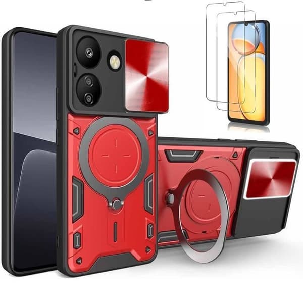 Coque - E.F.CONNECTION - För Xiaomi Redmi 13C - Skydd - Rotationsringstöd - Glidande kameraskydd Röd