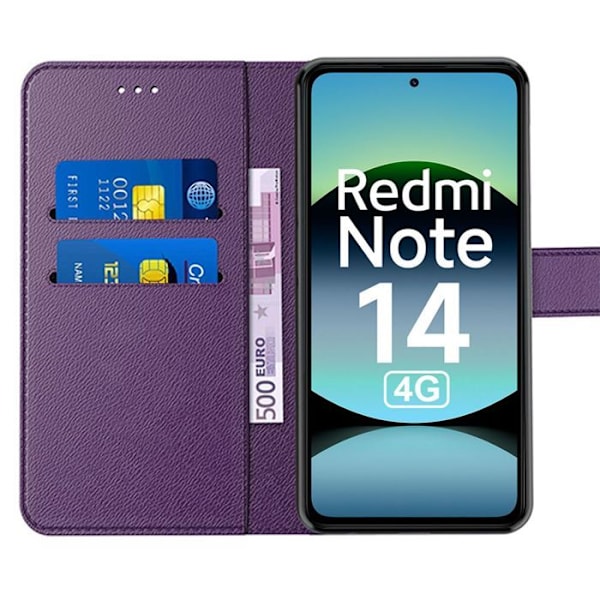Coque + 2 Härdat Glas för Xiaomi Redmi Note 14 4G (inte för 5G) Flip Case Stöttålig Syntetisk Läder - Mörklila Mörklila