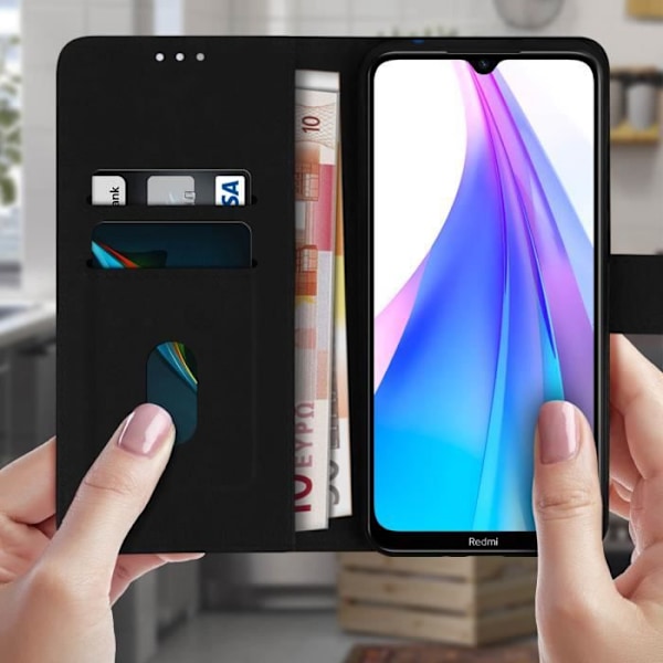 Etui til Xiaomi Redmi Note 8T - AVIZAR - Fuld dæksæde med kortlomme og støttefunktion i sort Svart