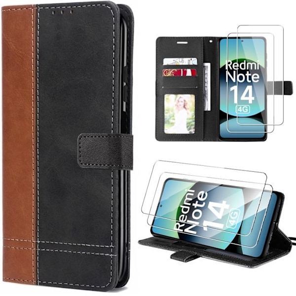 Coque + 2 Plattor Inga för Xiaomi Redmi Note 14 4G (inte för 5G) Anti-Rip Skydd Syntetläder Brun/ Svart Brun svart