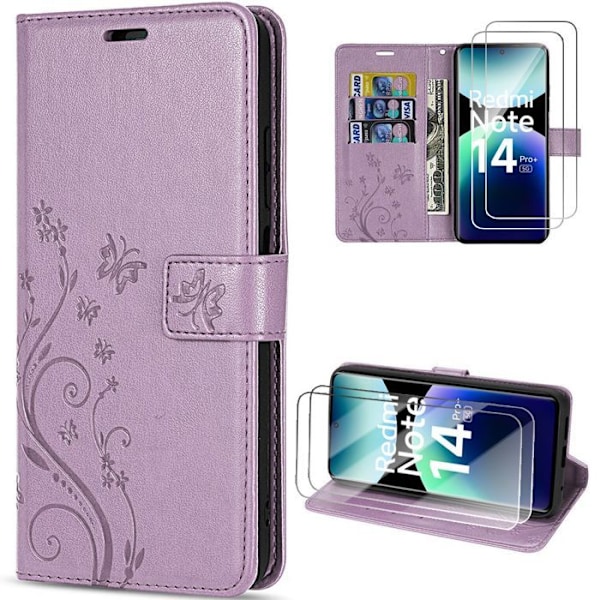 Coque + 2 Temperer Glas til Xiaomi Redmi Note 14 Pro Plus 5G/Note 14 Pro+ 5G, Beskyttelse Læder PU Lilla Plante Mønster Lila