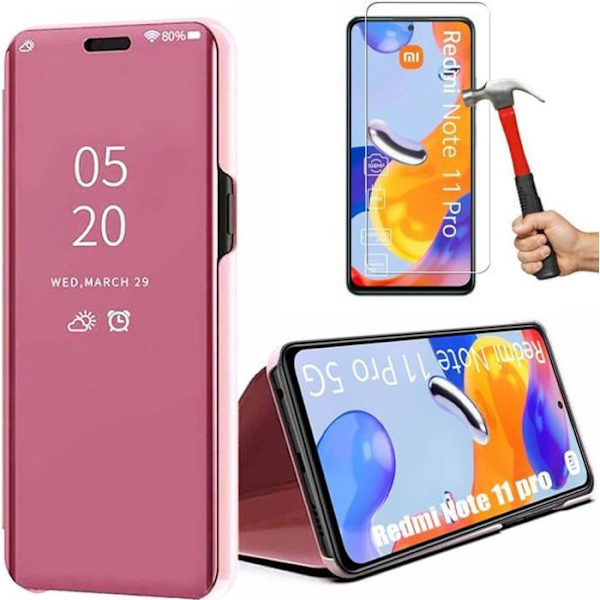 Set med 2 härdade glasögon + fodral för Redmi Note 11 Pro (6,67") Rosa Integral Anti-Scratch Reflex Spegel Elegant 360 graders skydd