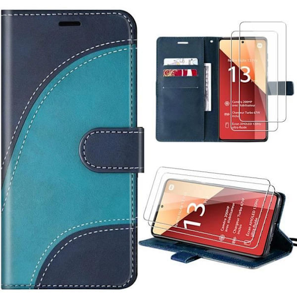 Coque - Xiaomi - Redmi Note 13 Pro 4G - Elegant syntetiskt läder - 2 härdat glas - PU-fodral Blå