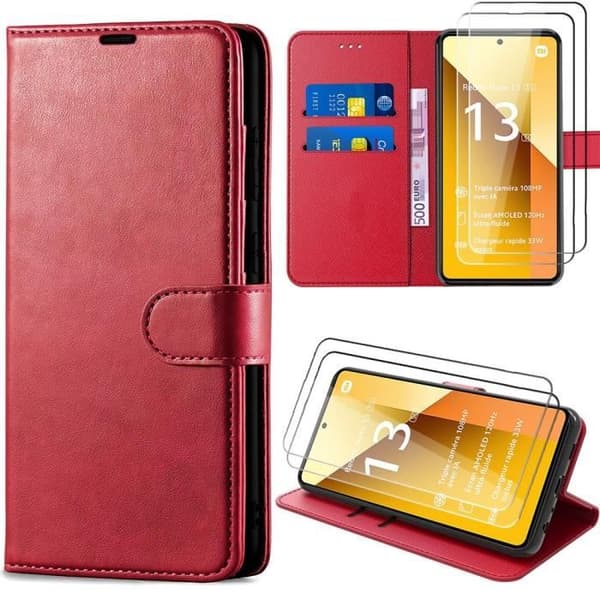 Etui - E.F.CONNECTION - För Xiaomi Redmi Note 13 5G - PU-läder - Stötabsorberande skydd - Justerbart stativ Röd