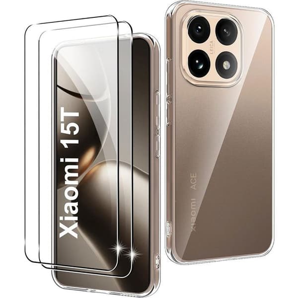Skyddsskal - E.F.Connection - Xiaomi 15T - Transparent silikon - Rättskydd - 2 härdade glas Transparent