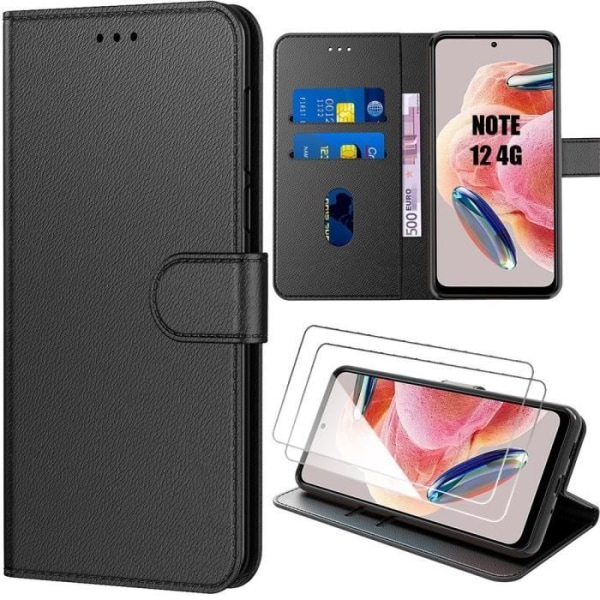 Coque - Xiaomi - Redmi Note 12 - PU Læder - 2 Tempered Glass - Ridseresistent Svart