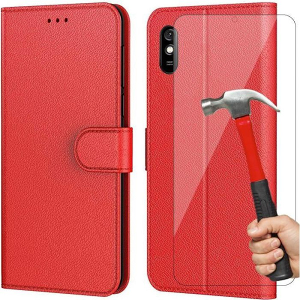 Sæt med 2 hærdede briller + etui til Redmi 9A (6,53") Rød Anti-Shock 360 graders beskyttelse Röd