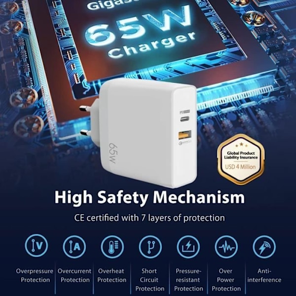 USB-C Väggladdare - E.F.CONNECTION - 65W - 2 portar - PD 33W - QC 3.0 Vit