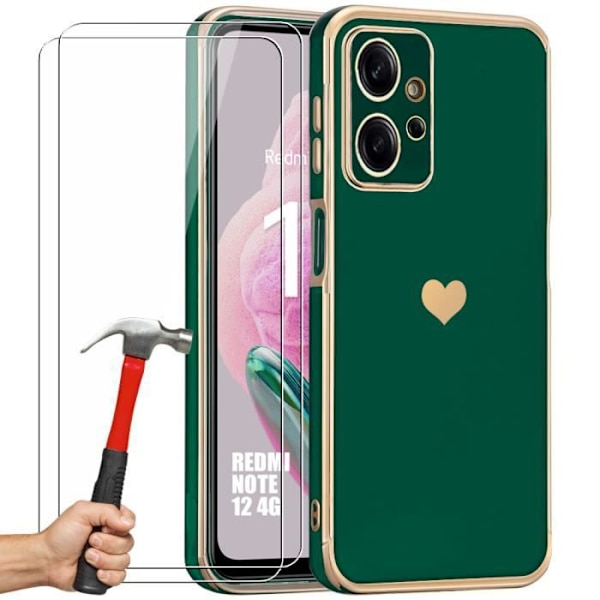 TPU-fodral för Xiaomi Redmi Note 12 Nattgrönt mjukt skyddshjärtamönster + 2 härdade glasögon