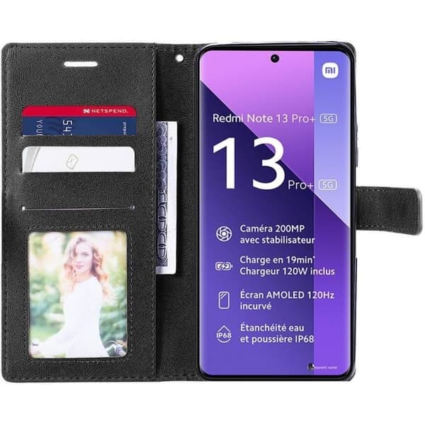 Coque - E.F.CONNECTION - För Xiaomi Redmi Note 13 Pro+ 5G - Retro Läder Effekt - 2 Härdat Glas - Stötskydd Svart