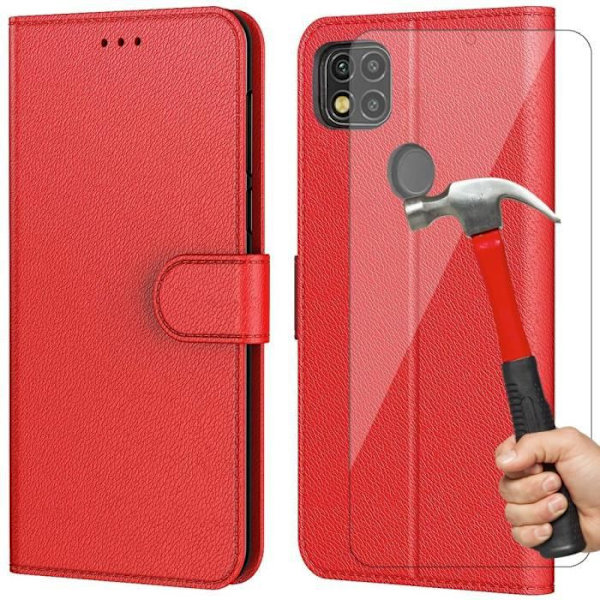 Skyddande skal - E.F.CONNECTION - för Redmi 9C - Röd - Pack med 2 härdade glas - Plånbok Röd