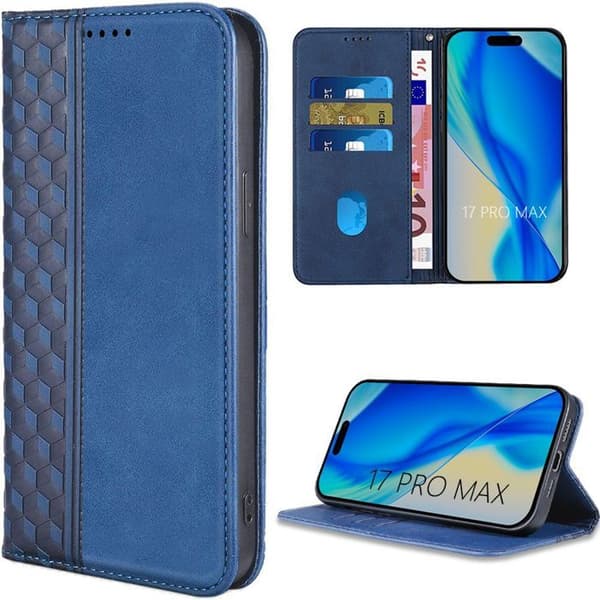 Coque för iPhone 17 Pro Max, Skydd Flip Case i Syntetiskt Läder Mosaik Relief Mörkblå marinblå