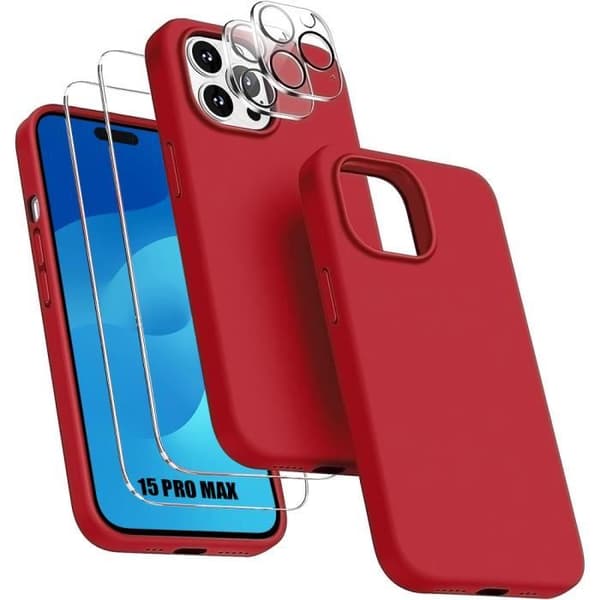Coque - Silikon - för iPhone 15 Pro Max - Röd - Halkfri - 2 Härdat Glas Ingår Röd
