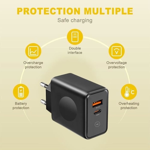 Lader - E.F.CONNECTION - 30W - 2 porte - PD USB-C 20W - QC 3.0 - Sort Svart