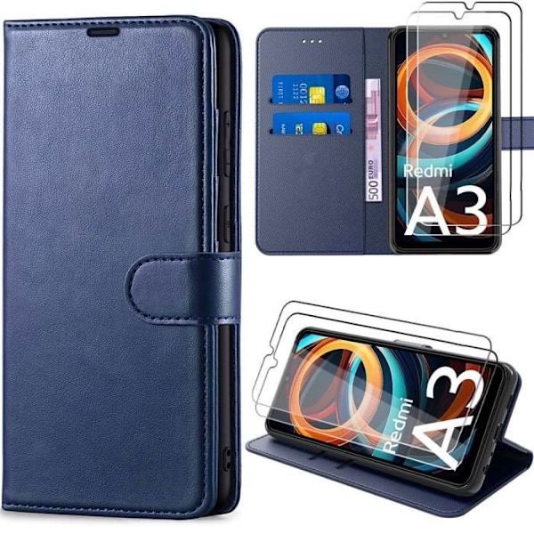 Skydd för Xiaomi Redmi A3 - Mörkblå - Stötsäker i PU-läder - 2 Härdat Glas - Inbyggt Stöd marinblå