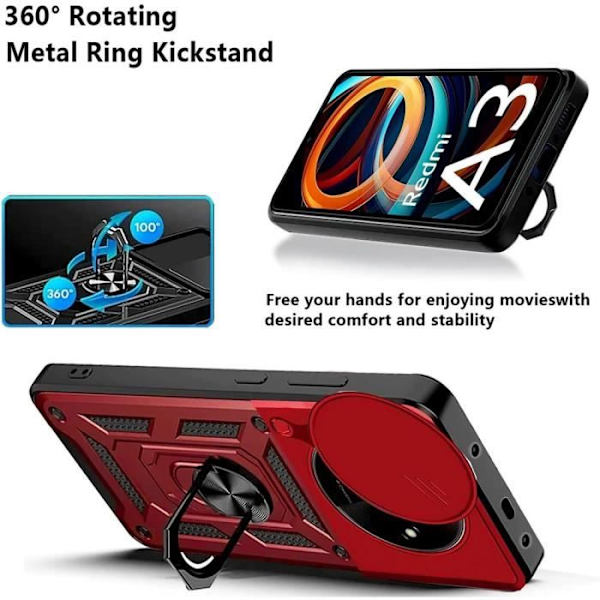 Coque - Xiaomi - Redmi A3 - Stöttålig Plånbok - Rotationsringstöd - 2 Härdat glas Röd