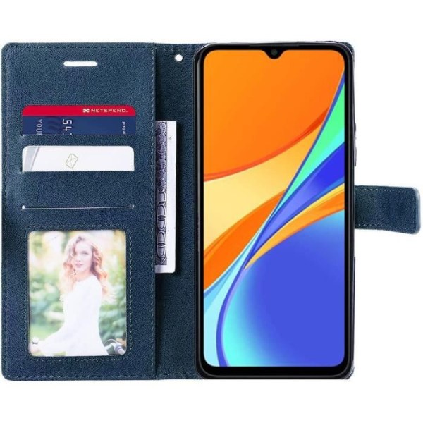 Fodral + 2 härdade glasögon för Xiaomi Redmi 9C - Marinblått flipfodral i lädereffekt