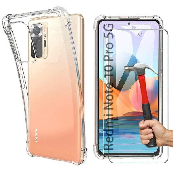 Paket med 2 Härdade glas + Skal för Redmi Note 10 Pro 5G (6,67") Reptålig TPU Förstärkta hörn Transparent