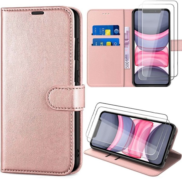 Coque + 2 Temperer Glas til iPhone 11, Elegant Stødabsorberende Lædereffekt - Rose Rosa