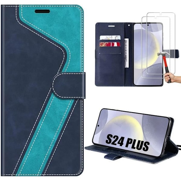 Cover til Samsung Galaxy S24 Plus (S24+) - Foldbar Anti-Ridse Beskyttelse Lædereffect Blå + 2 Beskyttelsesfilm i Hærdet Glas