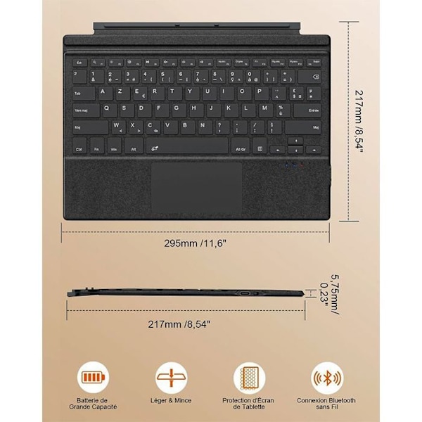 Tangentbord för Microsoft Surface Pro 7 Plus / 7 / 6 / 5 / 4 / 3, Bluetooth Bakgrundsbelysning AZERTY med Pekplatta