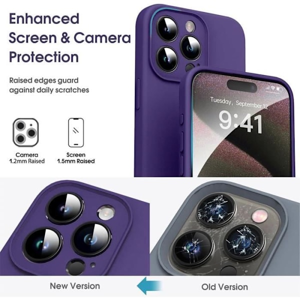Fodral + 2 härdade glasögon för iPhone 16 Pro Max, flytande silikonskydd Matt effekt mörklila