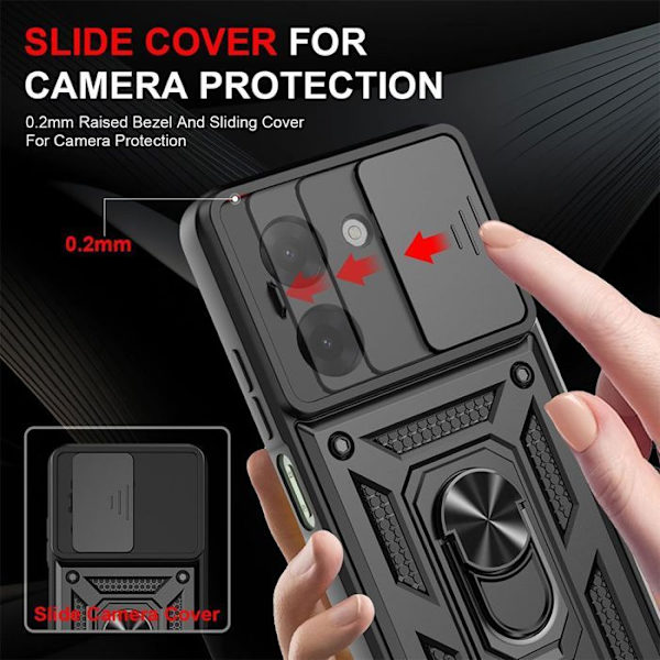 Coque til Xiaomi Redmi A5, Hård Stødabsorberende med Ring og Objektivbeskyttelse - Sort + 2 Herdeglas Svart