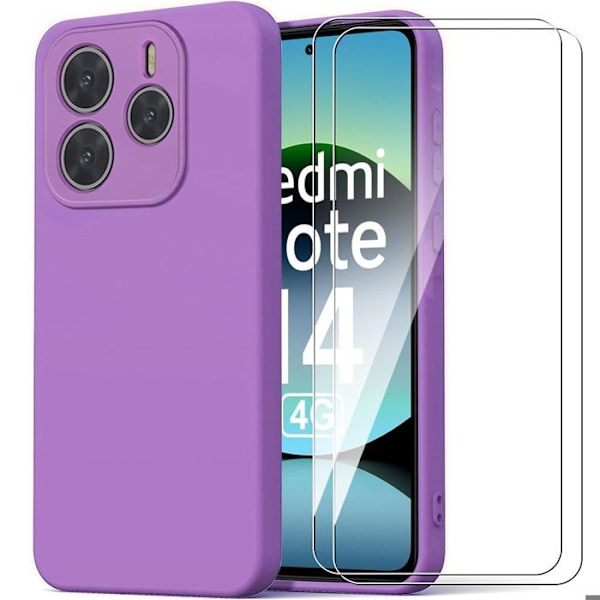 Coque + 2 Stänkskyddade Glas för Xiaomi Redmi Note 14 4G (inte för 5G) Mjuk Silikon Skydd Stöttålig Matt Effekt Lila Lila