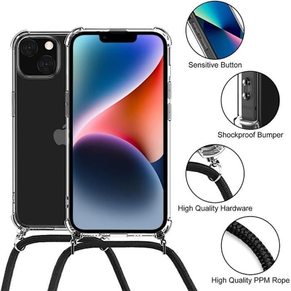 Skyddsfodral för iPhone 14 - E.F.CONNECTION - Mjuk - AntiShock - Genomskinlig med svart sladd Transparent med svart sladd