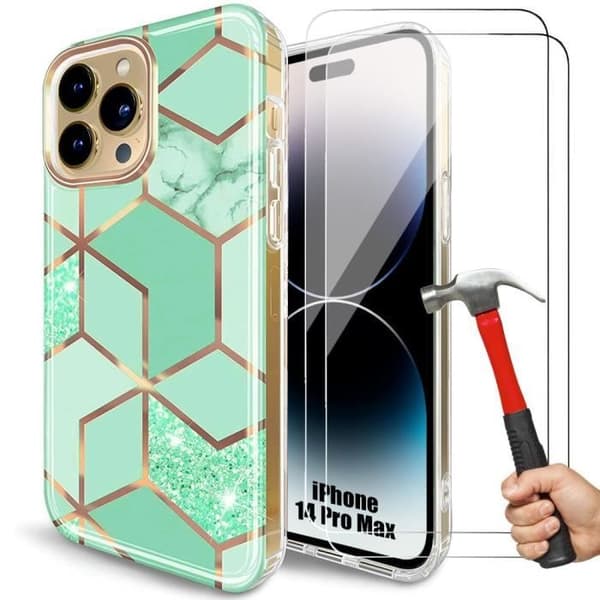 Skyddsfodral - Stöt-resistant - för iPhone 14 Pro Max - Marmor Turquoise-mönster - 2 Härdade glas - Slank Elegant Turkos
