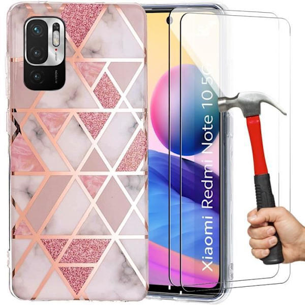 Fodral för Redmi Note 10 5G + 2 härdade glasögon, smalt och elegant fodral TPU-resistent Stötsäker Rosa Rosa