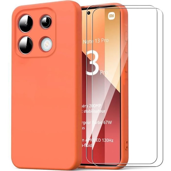 Fodral + 2 härdade glasögon till Xiaomi Redmi Note 13 Pro 4G (ej för 5G) - Orange stötsäkert silikonskydd