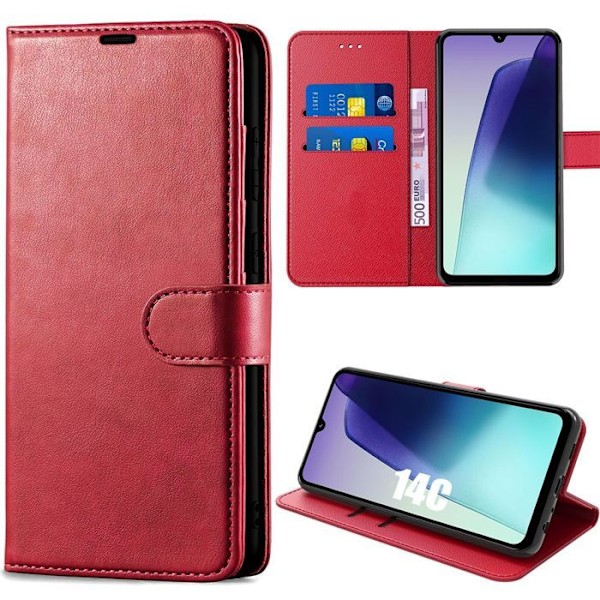 Cover til Xiaomi Redmi 14C - Beskyttelse med Klap Læderlook Stødabsorberende 360° - Rød Röd