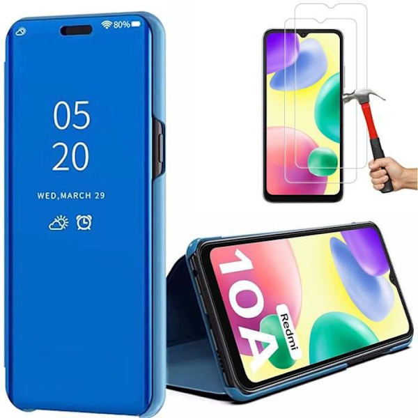 Fodral för Redmi 10A och 2 härdade glasögon, Smart Fodral med spegeleffekt - Blå