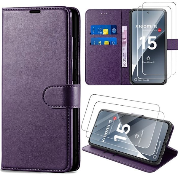 Coque + 2 Trempede Glas til Xiaomi 15, Beskyttelse med Klap, Anti-Rids, Stødabsorberende, Mørk Lilla Syntetisk Læder Mörklila
